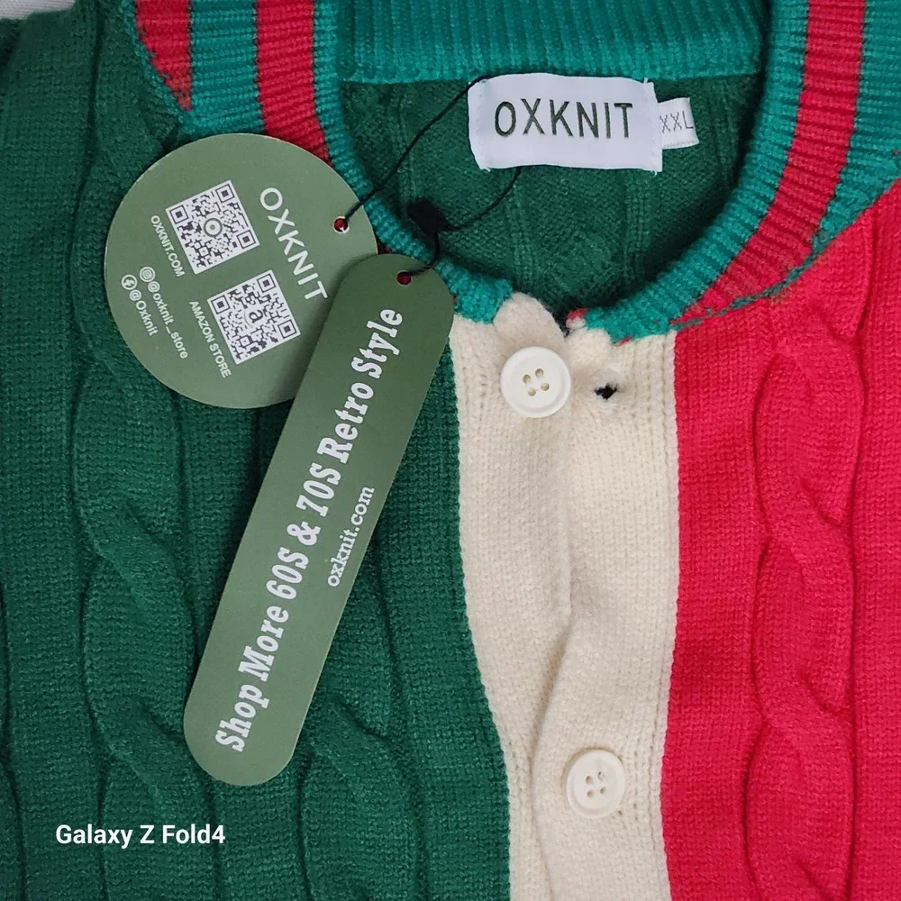 OXKNIT Retro 60s 70s Color Block Cable Knit Cardigan Sweater Red Green Men XXL